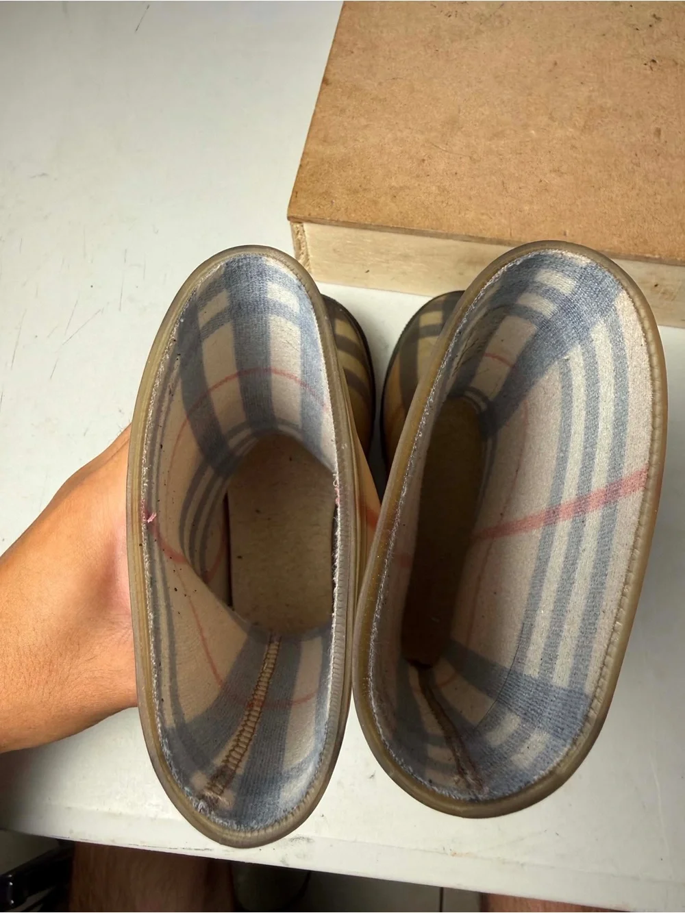Burberry Kids Waterproof Rain Boots Tan, beige, and red plaid pattern #rainboots